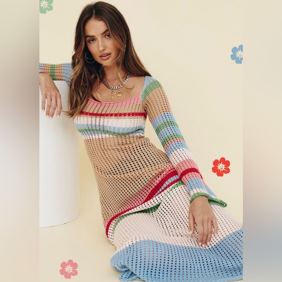 VRG GRL Verge Girl Work of Art Crochet Maxi Dress Multi size AU 8 US 4 Small - Picture 2 of 16